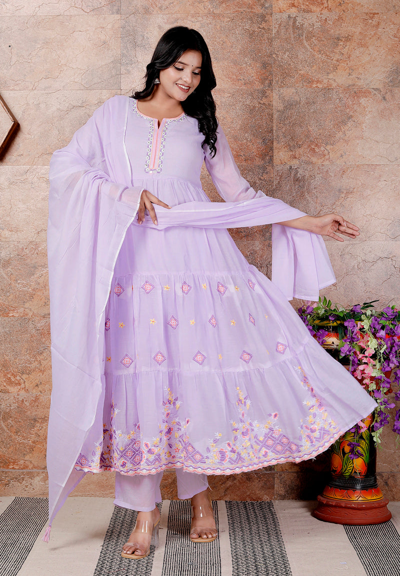 Miramaar Women's Purple Anarkali Embroidered Kurta Pant Dupatta Set