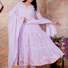 Miramaar Women's Purple Anarkali Embroidered Kurta Pant Dupatta Set