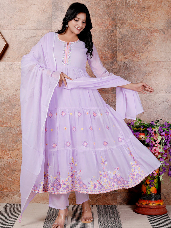 Miramaar Women's Purple Anarkali Embroidered Kurta Pant Dupatta Set