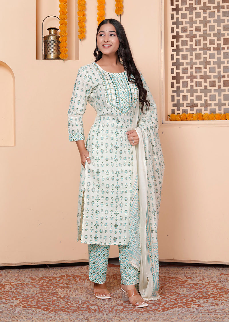 Miramaar Women's White & Green Round Neck Embroidered Straight Kurta Pant with Dupatta