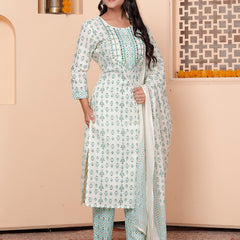 Miramaar Women's White & Green Round Neck Embroidered Straight Kurta Pant with Dupatta