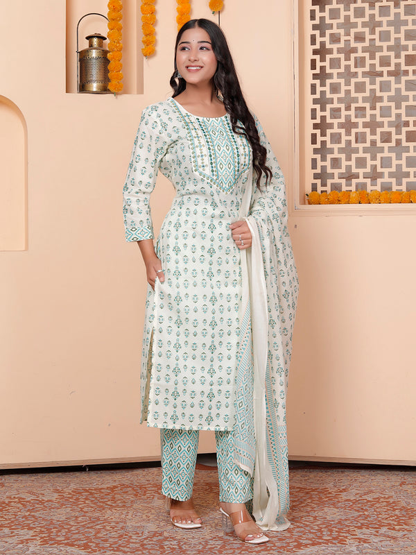 Miramaar Women's White & Green Round Neck Embroidered Straight Kurta Pant with Dupatta