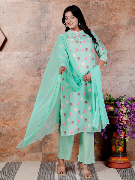 Miramaar Women's Green Poly Linen Straight Adda Work Kurta Set with Dupatta