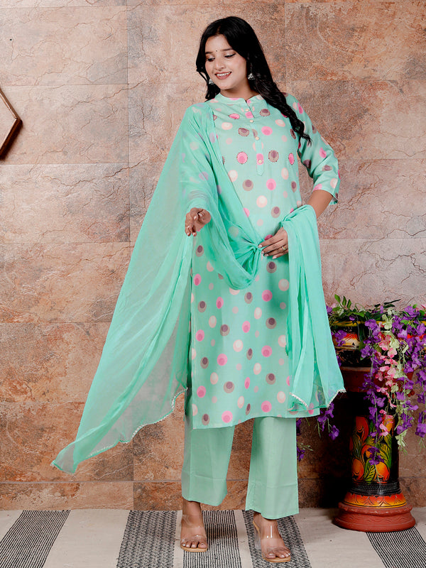 Miramaar Women's Green Poly Linen Straight Adda Work Kurta Set with Dupatta
