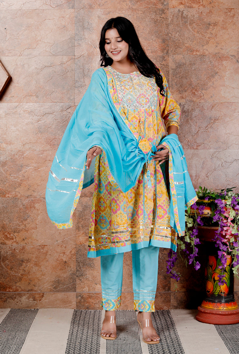 Miramaar Women's Yellow & Blue Cotton Anarkali Embroidered Kurta Pant with Dupatta