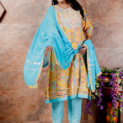 Miramaar Women's Yellow & Blue Cotton Anarkali Embroidered Kurta Pant with Dupatta