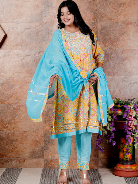 Miramaar Women's Yellow & Blue Cotton Anarkali Embroidered Kurta Pant with Dupatta