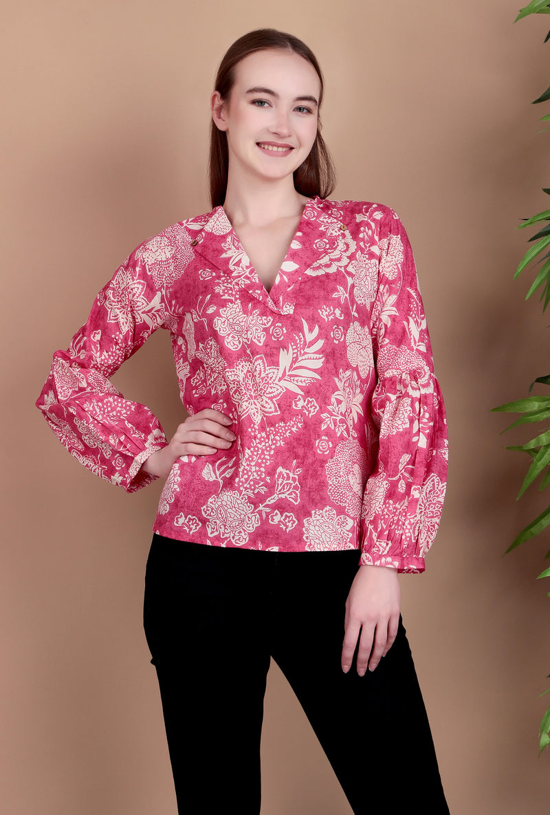 Miramaar Women's Cotton V-Neck Pink Printed Top