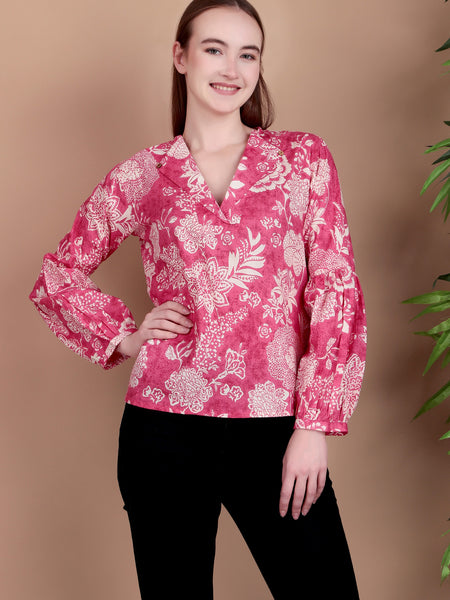 Miramaar Women's Cotton V-Neck Pink Printed Top