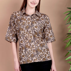 Miramaar Women's Cotton Spread Collar Beige Printed Top