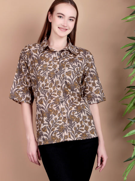 Miramaar Women's Cotton Spread Collar Beige Printed Top