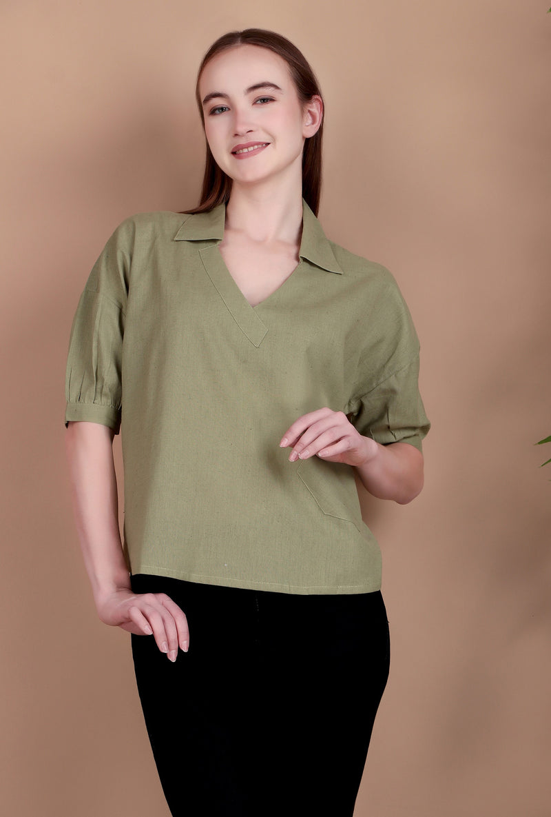 Miramaar Women's Cotton Flex Solid Green Regular Top