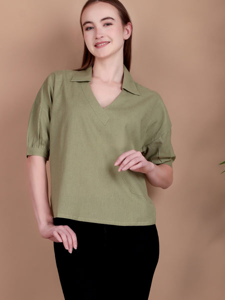 Miramaar Women's Cotton Flex Solid Green Regular Top