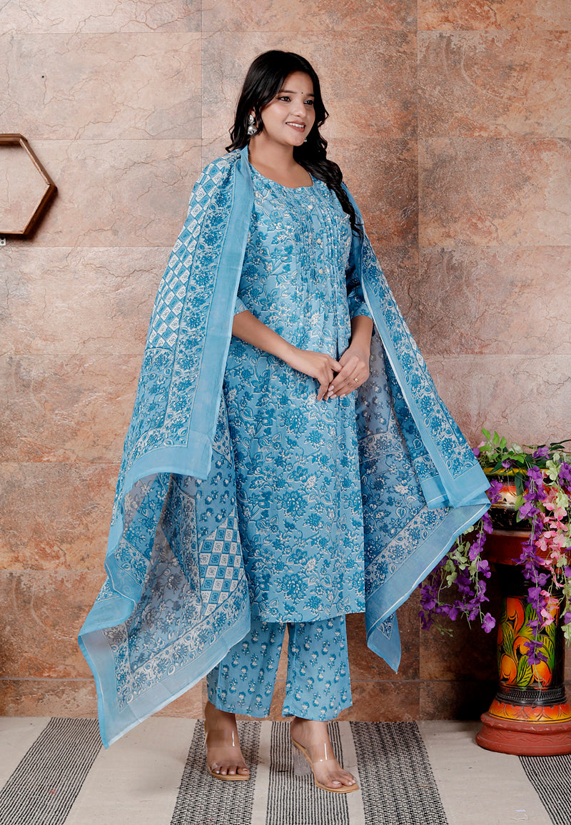 Miramaar Women's Blue Round Neck Hand Work Kurta Pant with Dupatta