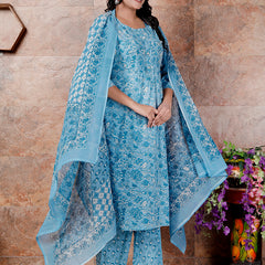 Miramaar Women's Blue Round Neck Hand Work Kurta Pant with Dupatta