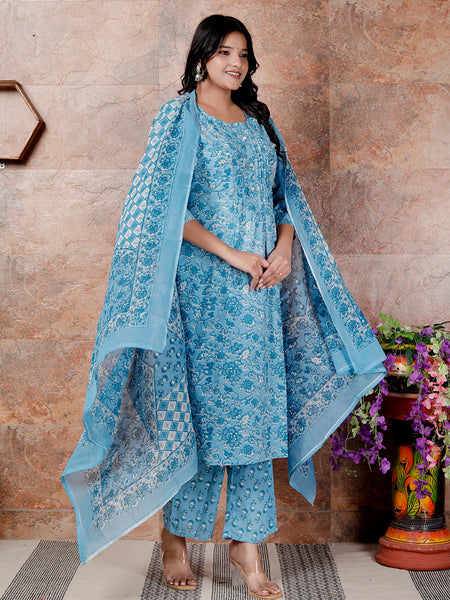 Miramaar Women's Blue Round Neck Hand Work Kurta Pant with Dupatta