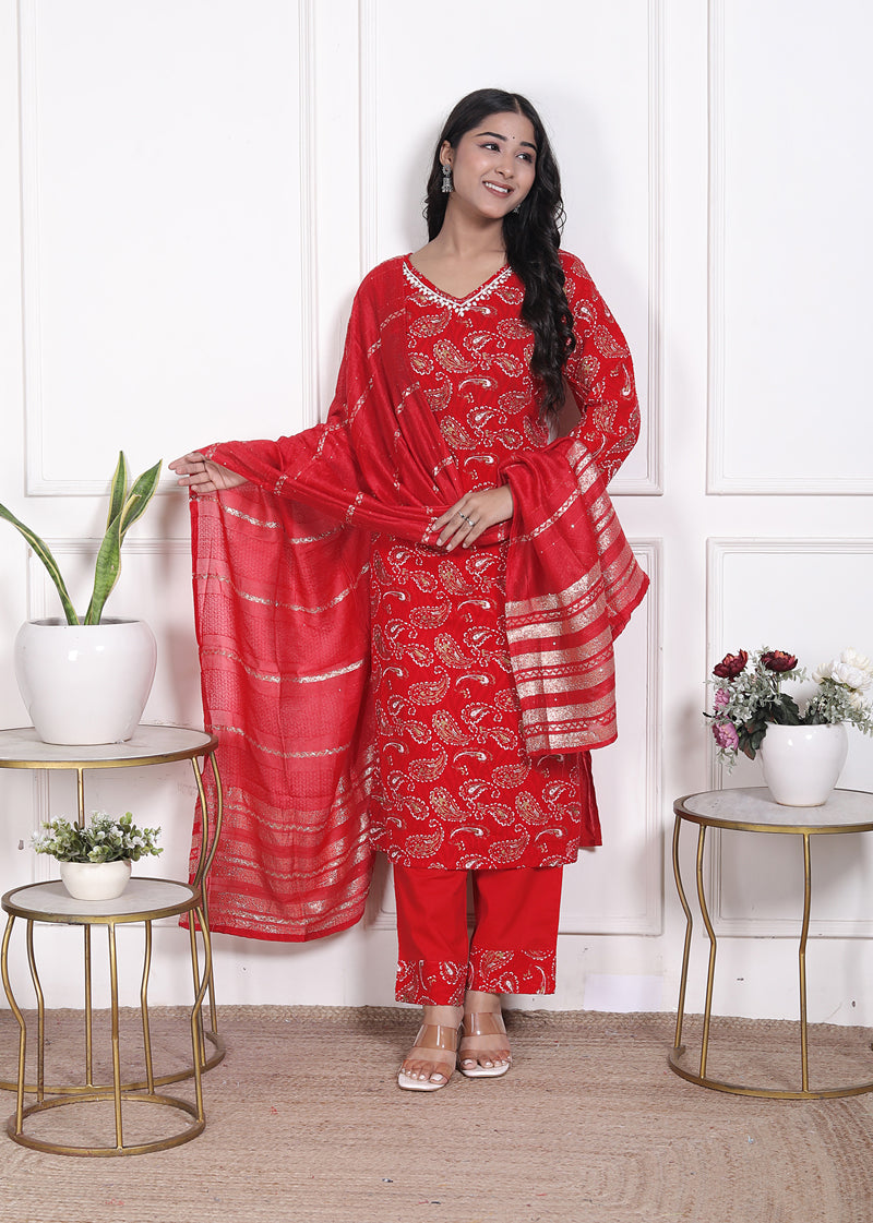 Miramaar Women's Brown Printed Cotton V-Neck Straight Kurta Pant with Dupatta