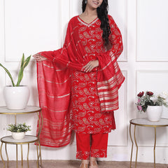 Miramaar Women's Brown Printed Cotton V-Neck Straight Kurta Pant with Dupatta