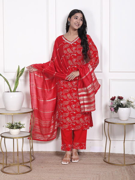 Miramaar Women's Red Cotton Straight V-Neck Kurta Set with Dupatta