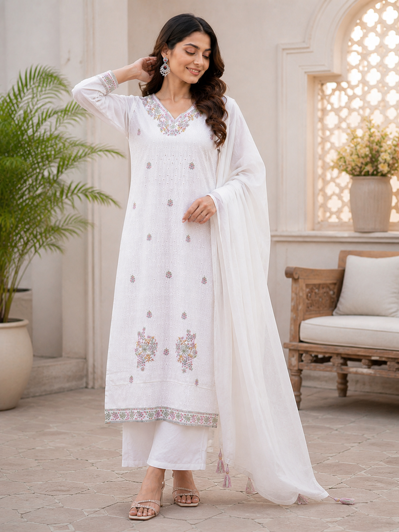 Miramaar Women's White Serenity Ensemble Kurta & Dupatta Set