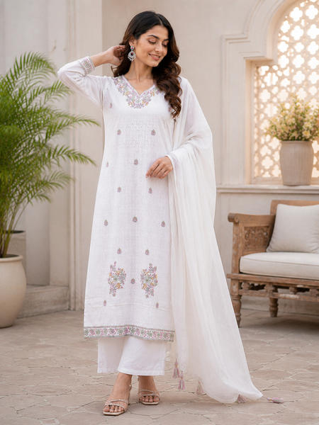 Miramaar Women's White Serenity Ensemble Kurta & Dupatta Set