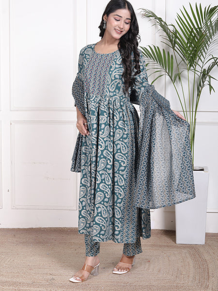 Miramaar Women's Green Printed Rayon A-line Embroidered Salwar Suit Set