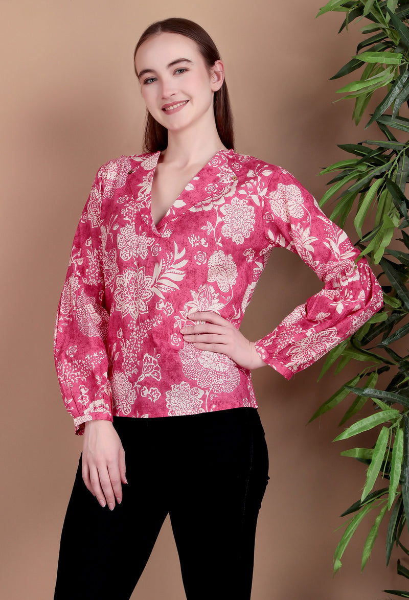 Miramaar Women's Cotton V-Neck Pink Printed Top