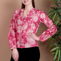 Miramaar Women's Cotton V-Neck Pink Printed Top