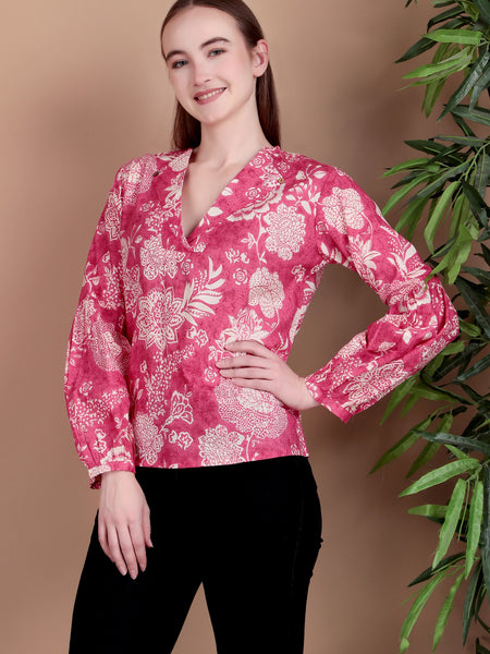 Miramaar Women's Cotton V-Neck Pink Printed Top