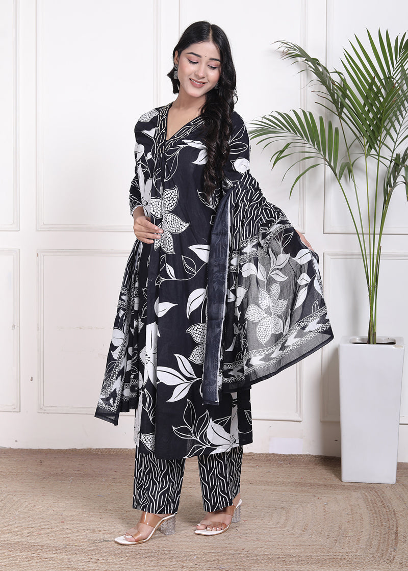 Miramaar Women's Black Cotton A-Line Kurta Set with Dupatta, Floral Print & Adda Work