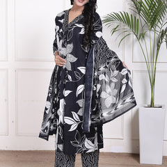 Miramaar Women's Black Cotton A-Line Kurta Set with Dupatta, Floral Print & Adda Work