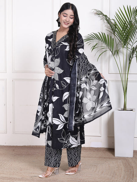 Miramaar Women's Black Cotton A-Line Kurta Set with Dupatta, Floral Print & Adda Work