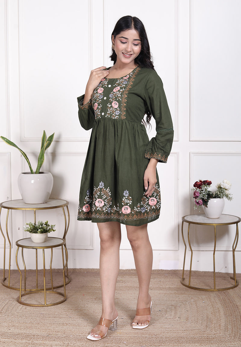 Miramaar Women's Cotton Green Embroidered Tunics