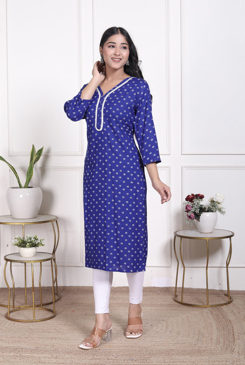 Miramaar Women's Blue Rayon Embroidered Kurtis