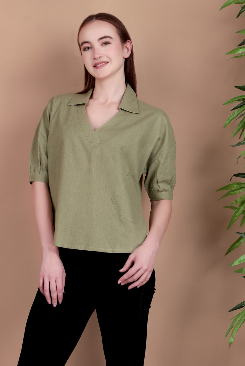 Miramaar Women's Cotton Flex Solid Green Regular Top