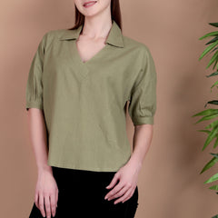 Miramaar Women's Cotton Flex Solid Green Regular Top