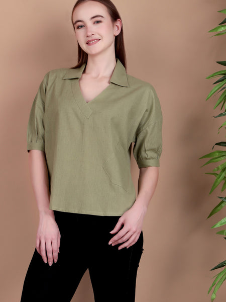Miramaar Women's Cotton Flex Solid Green Regular Top