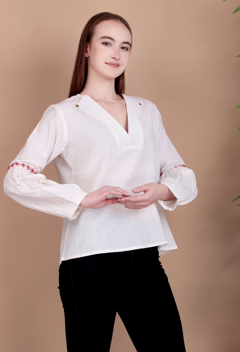 Miramaar Women's Cotton Flex Collared White Solid Embroidered Top