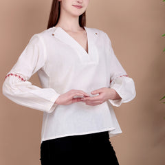 Miramaar Women's Cotton Flex Collared White Solid Embroidered Top