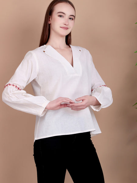 Miramaar Women's Cotton Flex Collared White Solid Embroidered Top