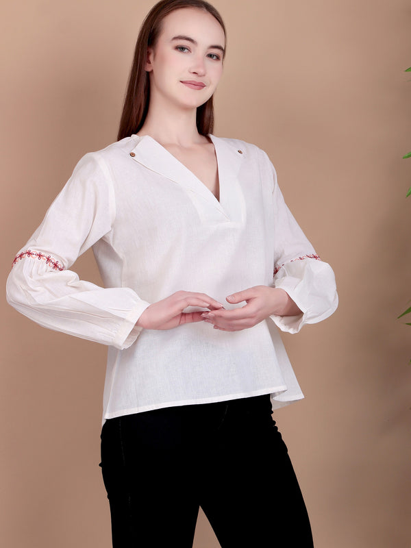 Miramaar Women's Cotton Flex Collared White Solid Embroidered Top