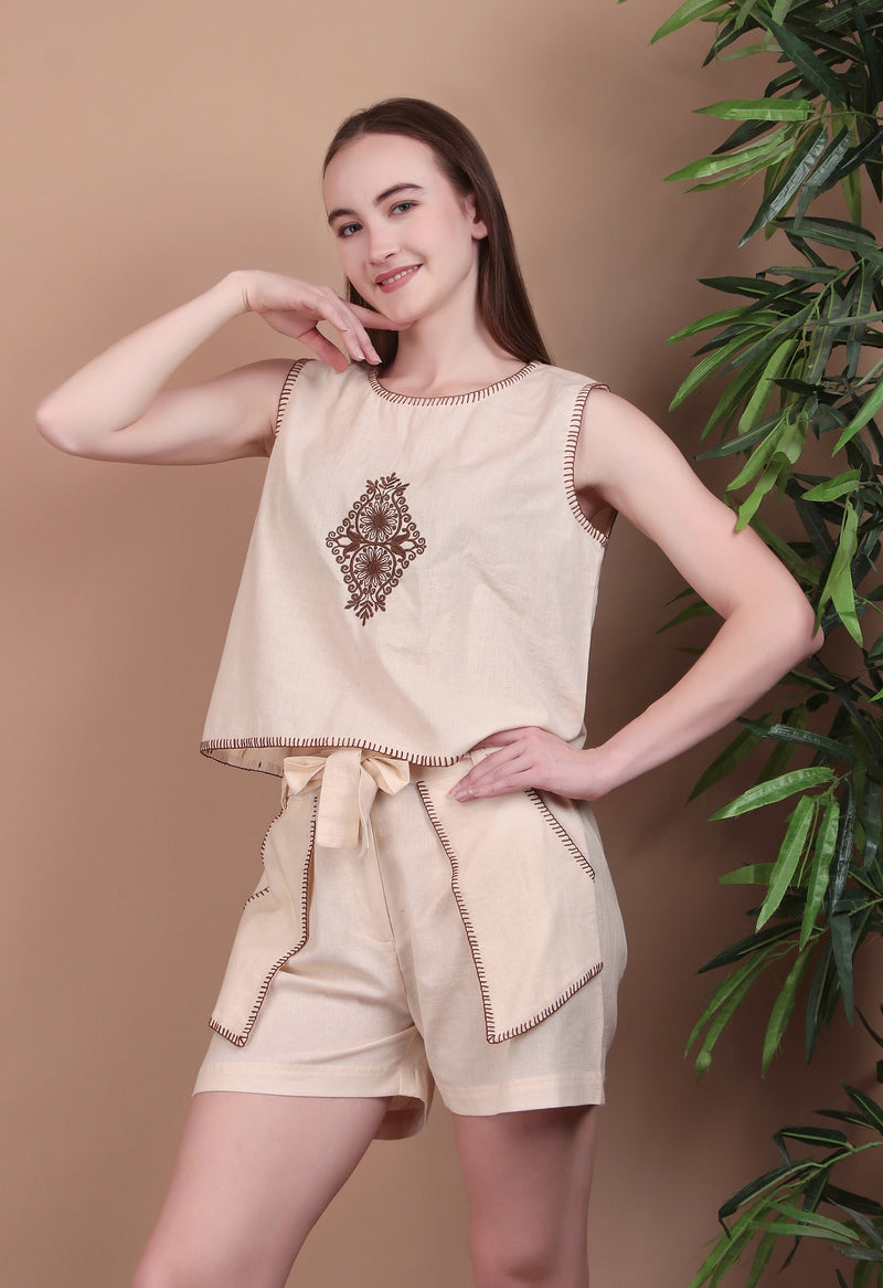 Miramaar Women's Off White Cotton Flex Top & Shorts Co-ord Set