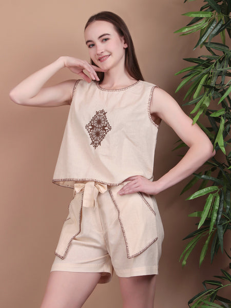 Miramaar Women's Off White Cotton Flex Top & Shorts Co-ord Set