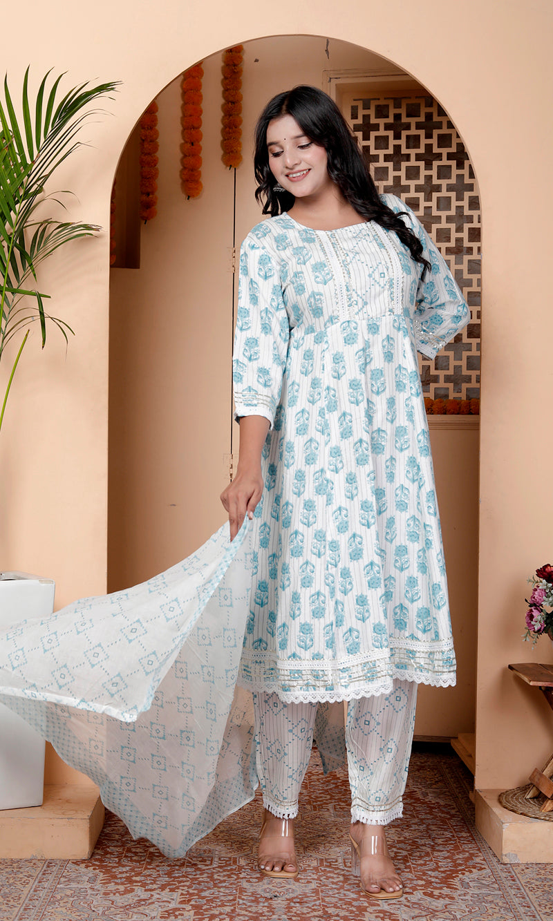 Miramaar Women's Off White & Blue Rayon Round Neck A-line Kurta Set with Dupatta