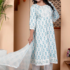 Miramaar Women's Off White & Blue Rayon Round Neck A-line Kurta Set with Dupatta