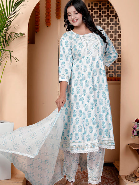 Miramaar Women's Off White & Blue Rayon Round Neck A-line Kurta Set with Dupatta