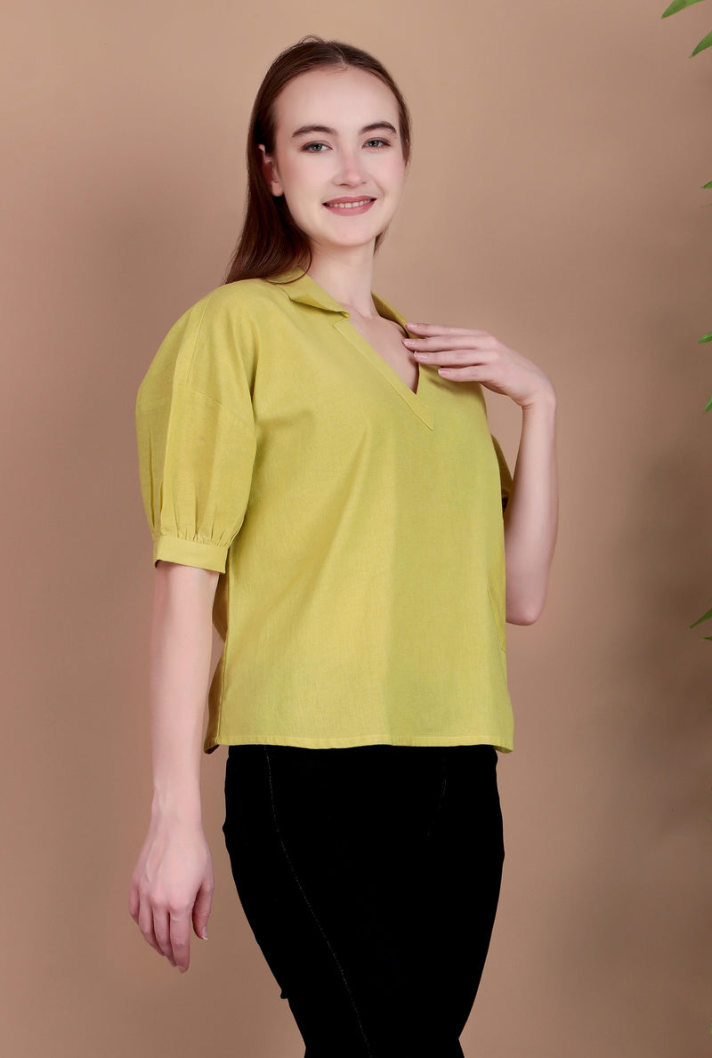 Miramaar Women's Cotton Flex Solid Lime Green Regular Top