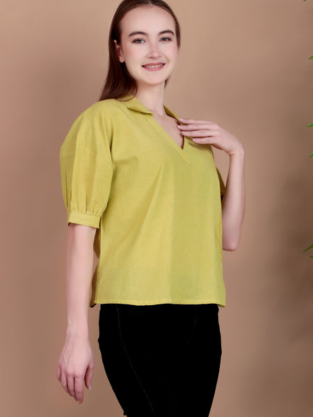 Miramaar Women's Cotton Flex Solid Lime Green Regular Top