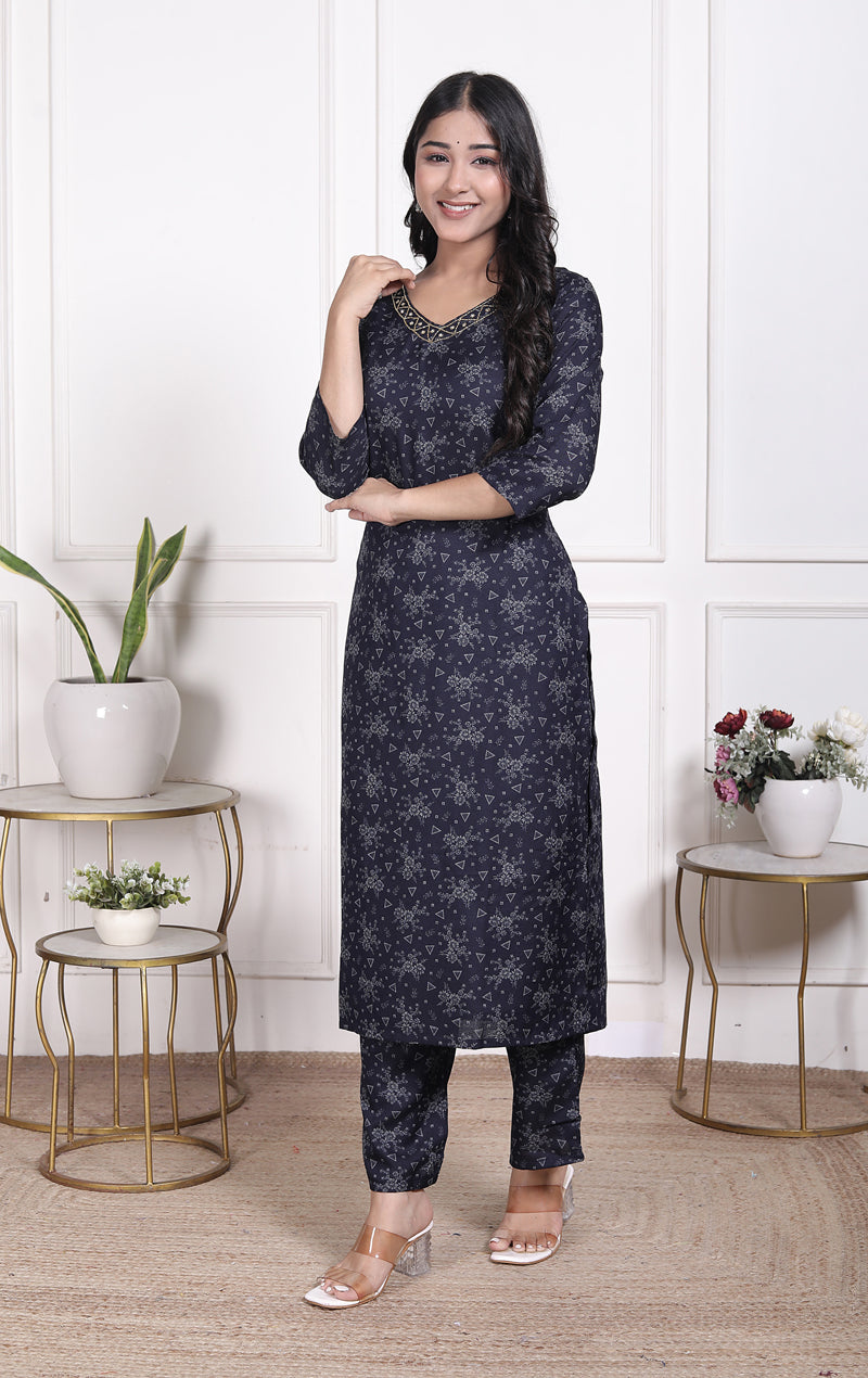 Miramaar Women's Black Cotton Poly Straight Kurta Set with Dupatta & Adda Work