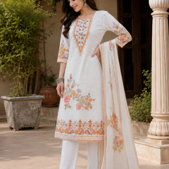 Women WHITE Printed Round Neck Kurta with Straight Pants & Printed Dupatta
